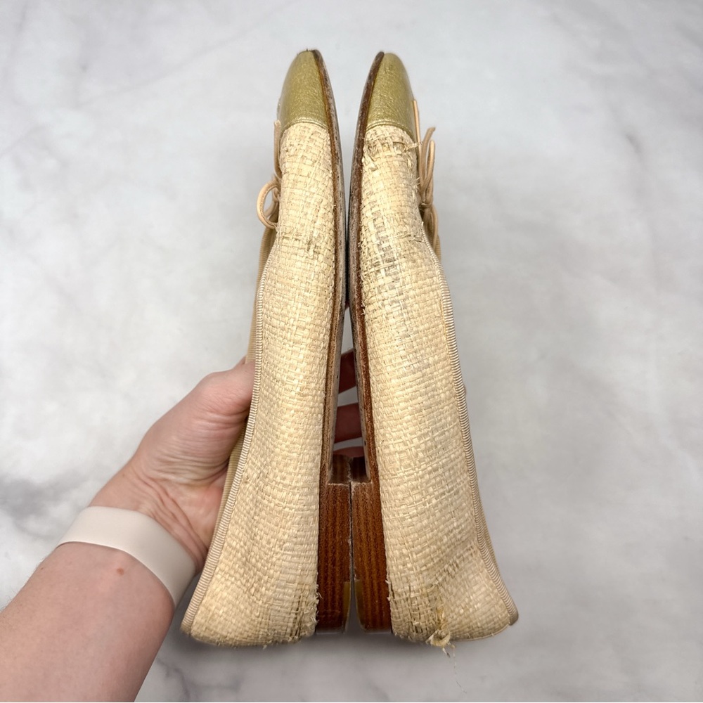 CHANEL Vintage Y2K Raffia Woven CC Coco Mark Leather Cap Toe Ballet Flats 38.5 - Picture 6 of 14